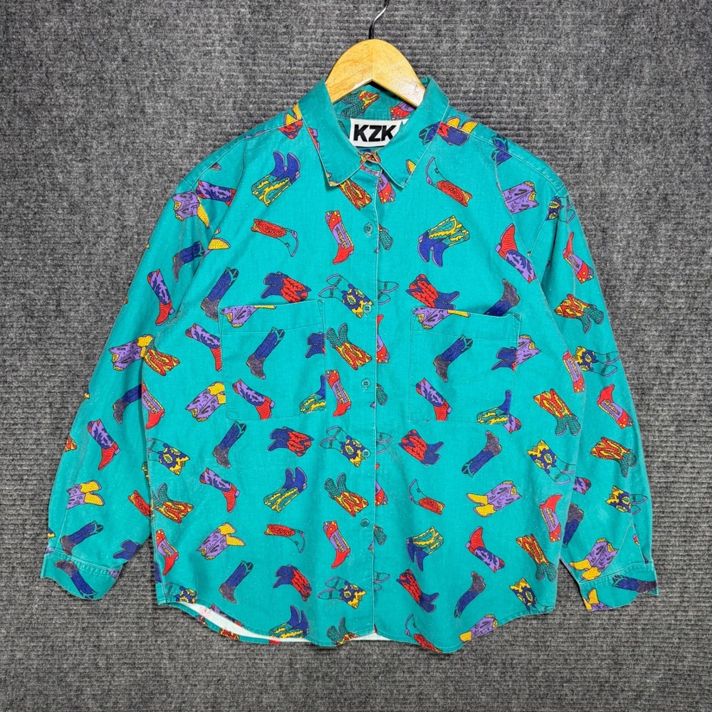 KZK Vintage Teal Cowboy Boot Print Button Down Shirt Cotton Western Womens Large